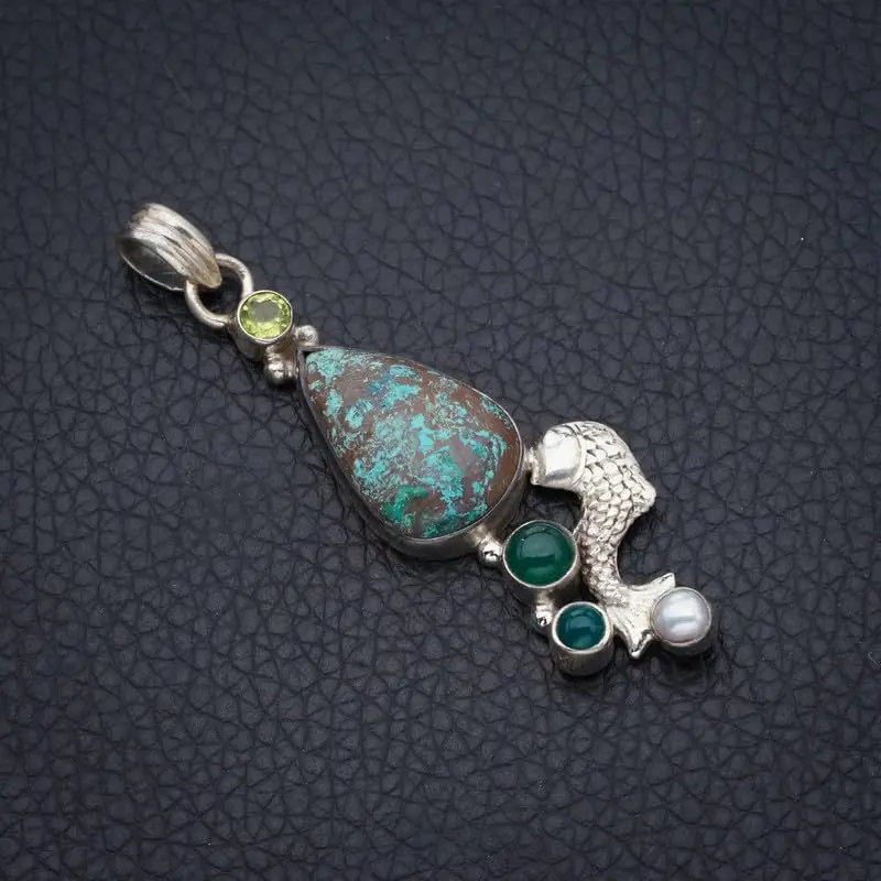 StarGems Natural Chrysocolla&Carp,River Pearl,Peridot And Chrysoprase Handmade 925 Sterling Silver Pendant 2 1/4