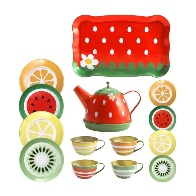 14pcs Tea Party Set for Girls Pretend Kitchen Toy Tea Set Metal Kitchenware Accessory Cups Dishes  Tray for Toddlers