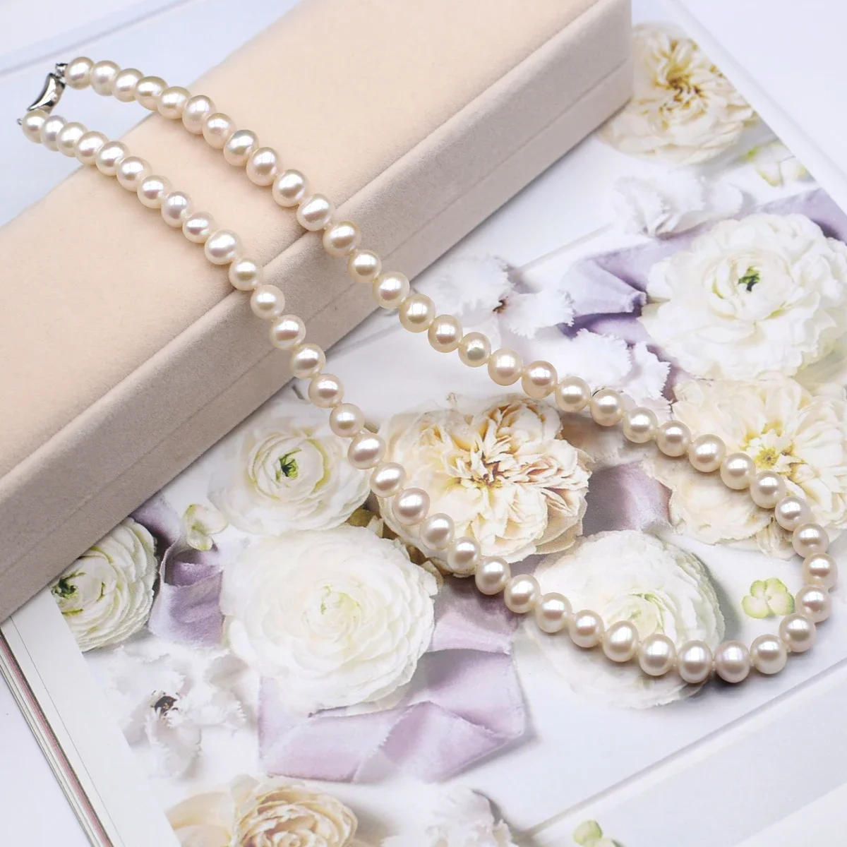 

High Quality Natural Freshwater White Round Pearl Beads 7-8mm Necklace for Women's Wedding Anniversary Bridal Elegant Gift