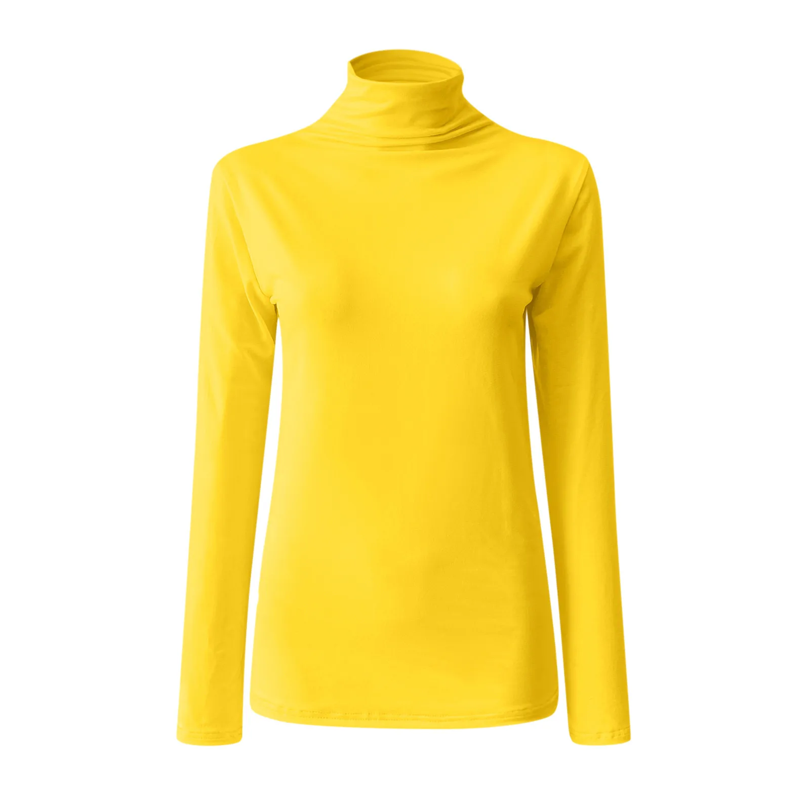 Turtleneck Women Basic T-Shirt Casual Solid Long Sleeved Blouse Tops Slim Fit Stretchy Versatile Tee Shirts Yellow Black T Shirt