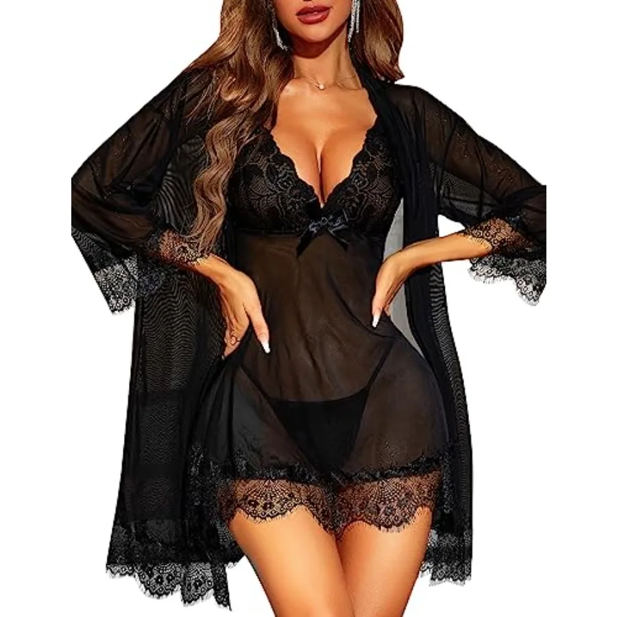 Women Sexy Lingerie Set 3 Pcs Babydoll and Lace Kimono Robe Strap Chemise Sleepwear Mesh Nightgown