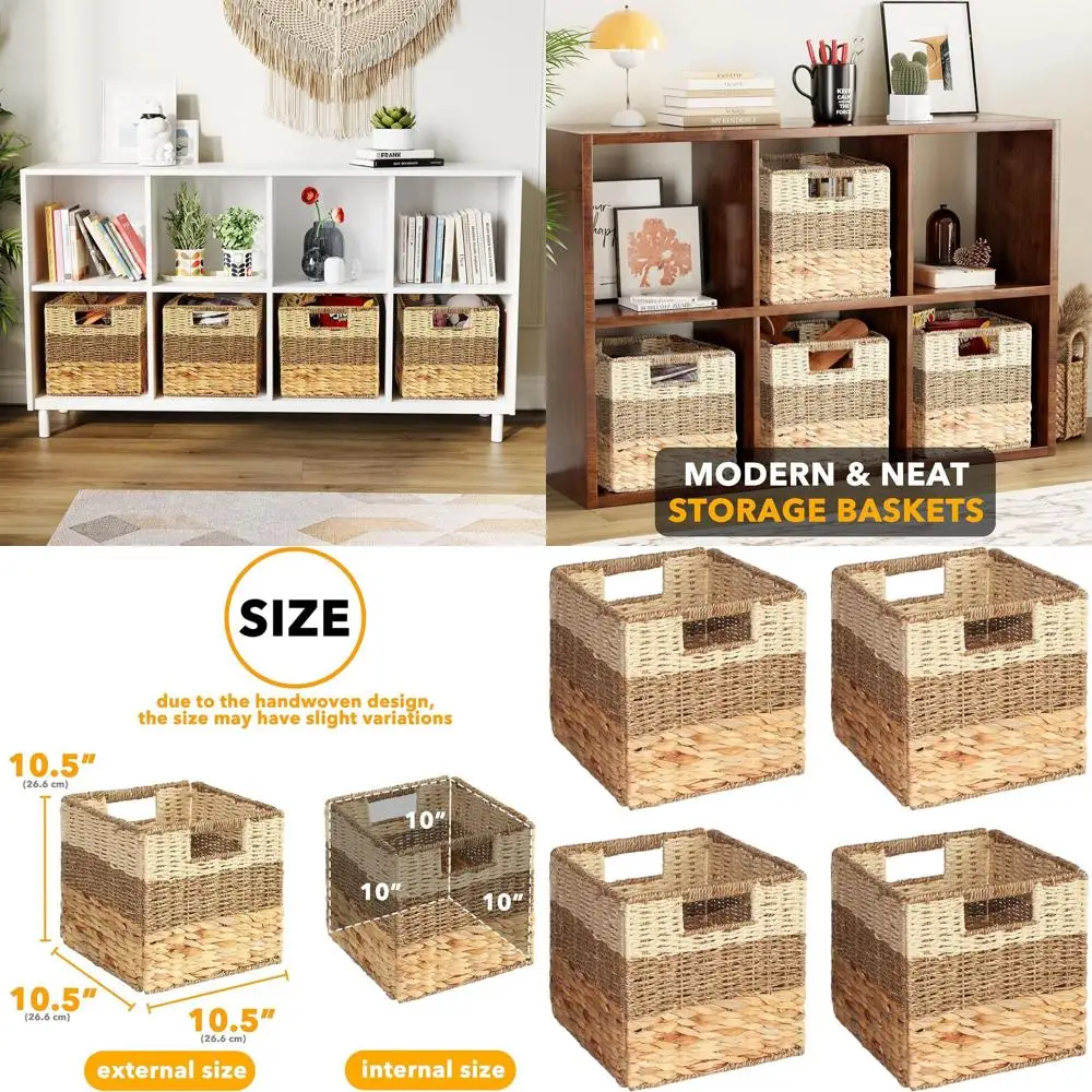 

Набор из 4 плетеных корзин для хранения и организации, контейнеры из ротанга с ручками, кубик 10,5, натуральная отделка