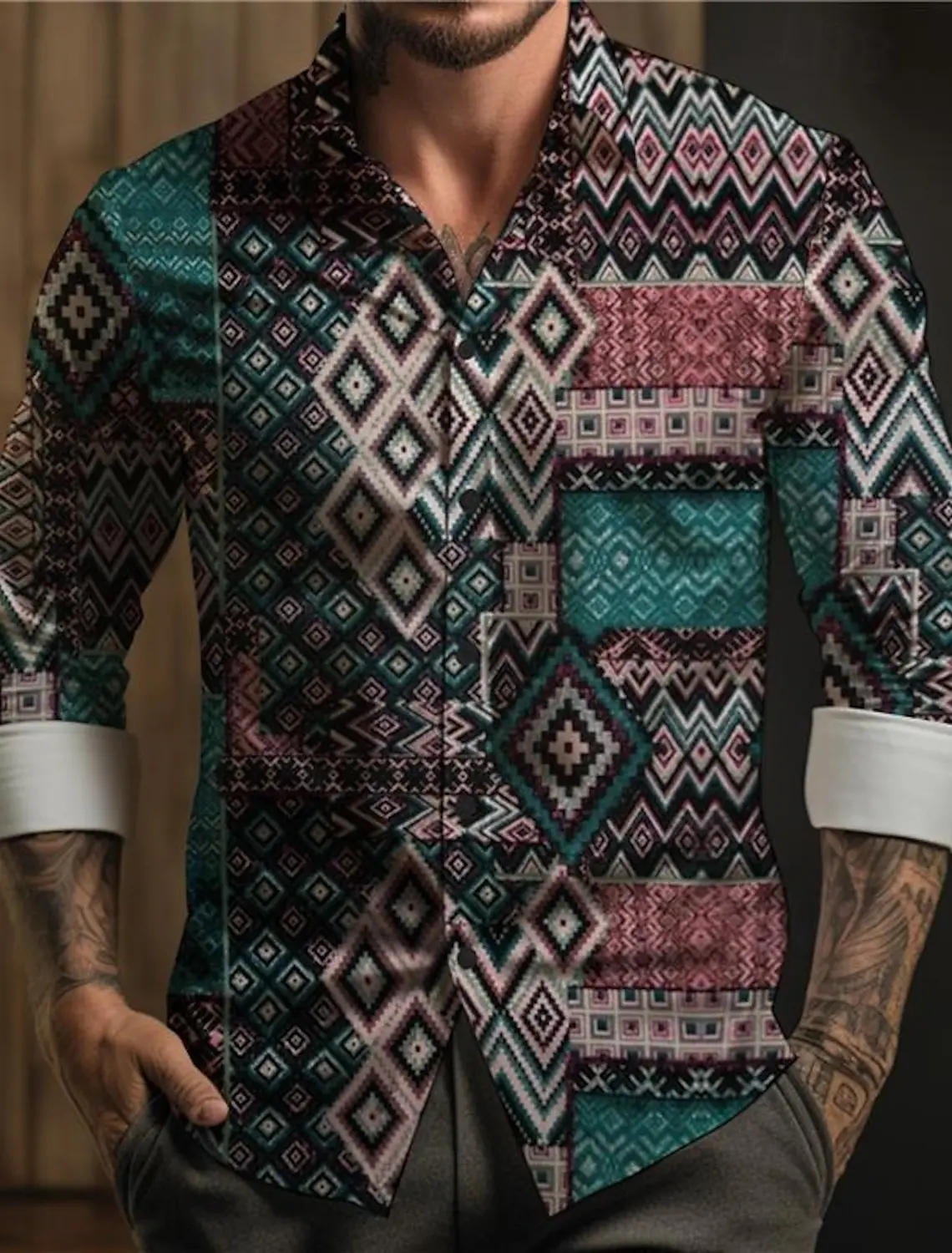 Aztec Tribal Ethnic Men's Vintage style 3D Printed Boho Shirt Street Fall Turndown Long Sleeve shirts 4-Way Stretch Fabric Shirt