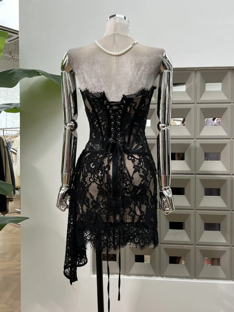 DFDG Women’s Vietnamese Vintage Designer Lace Dress Sheer Strapless Corset Tie Waist Party Spring Summer Evening Events Dress
