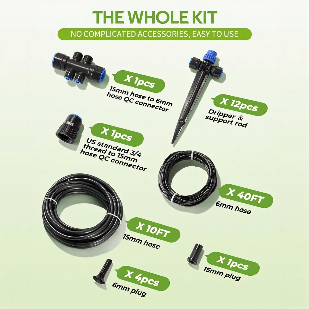 50FT Water Saving Drip Irrigation Kit with 12 Adjustable Emitters 40FT 14 Tubing 10FT Main Hose and 6 Way Connector