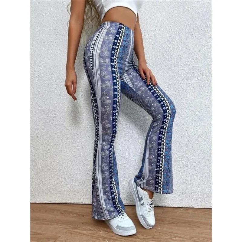 Women Vintage Printed Casual Trousers Stretchy Slim Flared Pants High Waist Sexy Fashion Loose Wide Leg Flare Pants Female