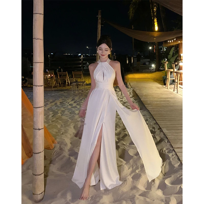 Elegant ซาตินสีขาว Midi ชุดผู้หญิงแฟชั่น Party Prom เซ็กซี่ Halter ชุดเดรสฤดูร้อนเกาหลี Backless Bodycon Vestidos