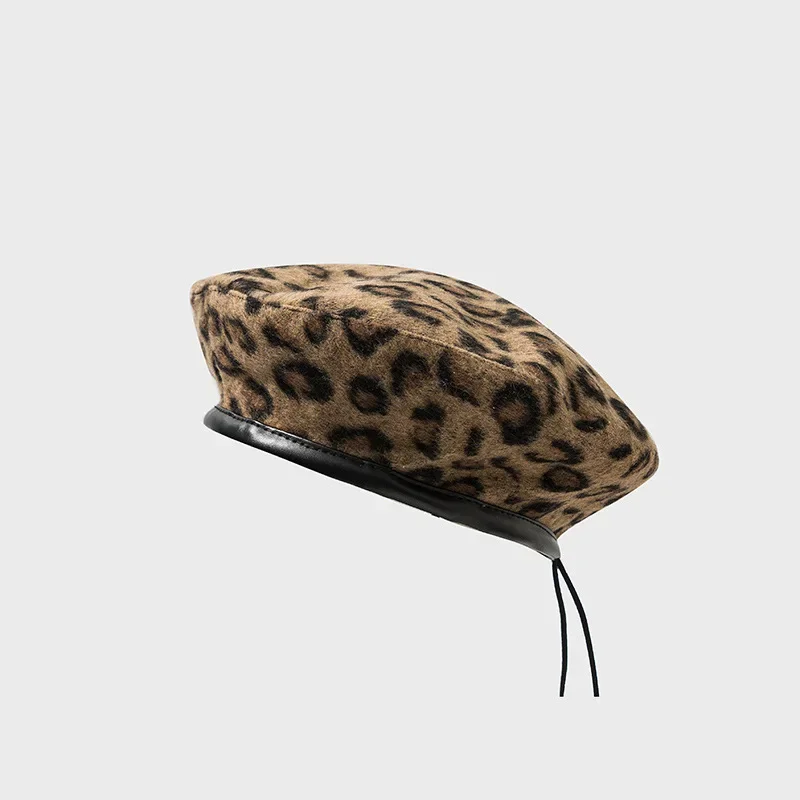 Leopard Beret Female Autumn Winter Hats for Women Vintage Painter Flat Cap Boina PU Leather Brim Beanie Gorras Para Mujer Кепка