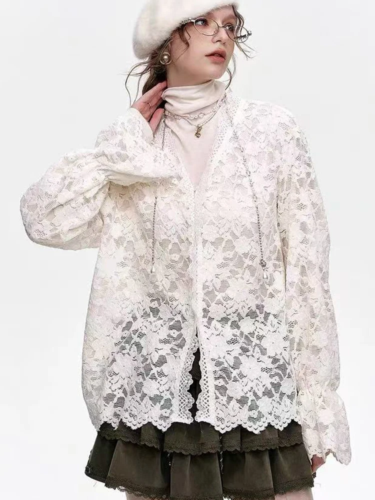 

Сексуальная кружевная ажурная женская рубашка, осенняя корейская шикарная свободная жаккардовая рубашка с v-образным вырезом Y2K, модная уличная одежда Mujer, прозрачная блузка