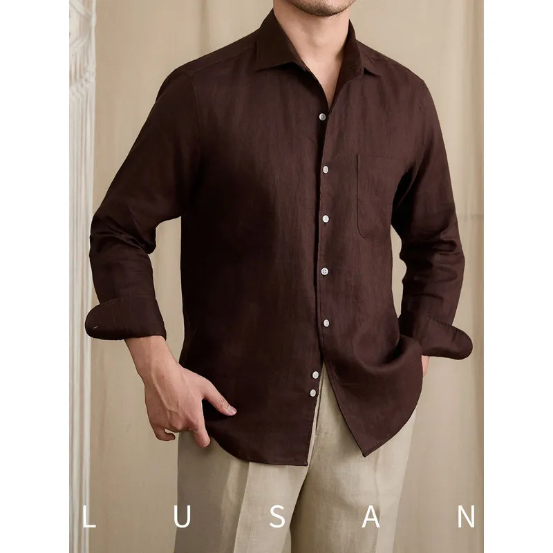 Summer breathable one-piece collar100%Linen long-sleeve shirt for commuting, casual, fashionable urban youth shirt