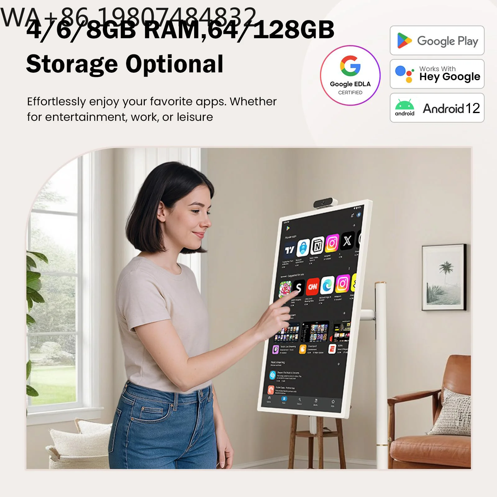 32 Inch Rotatable Smart Portable Tv with Android 12, Magnetic  Lcd Display on Wheels, Advertising Screen for Home