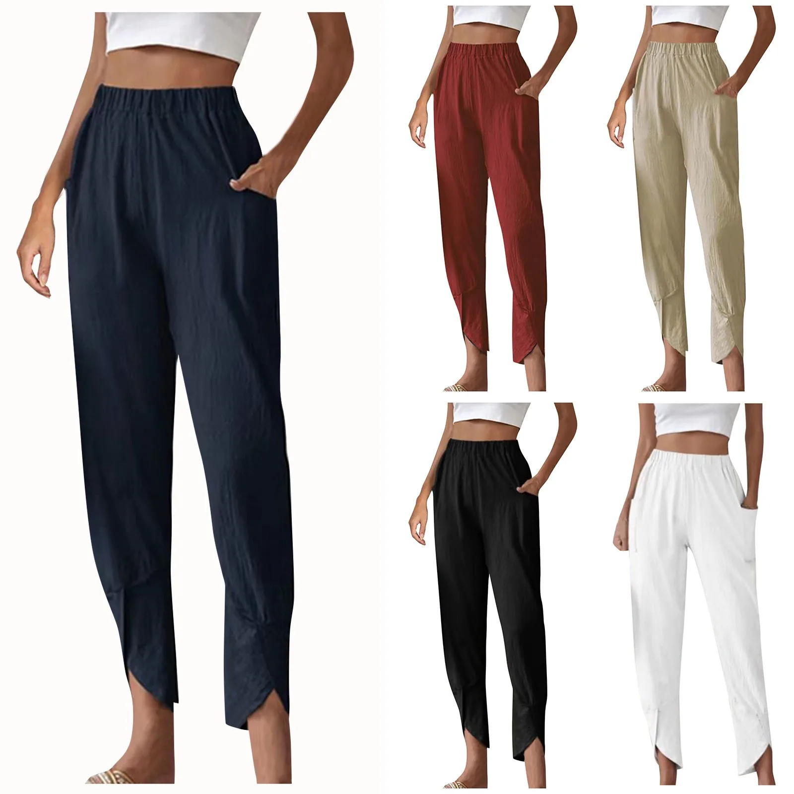 Women'S Fashion Temperament Solid Color Casual Bunched Foot Pants Loose Pocket Cotton Hemp Cloth Small Foot Pants 여성여름옷 штаны