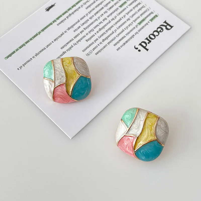 New Fashion Square Contrast Color Stud Earrings Female Sweet Patchwork Colorful Ear Jewelry Romantic Christmas Girl Gift