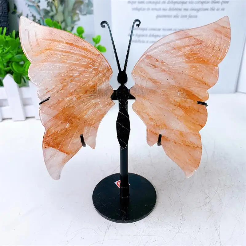 Natural Red Fire Quartz Hematoid Butterfly Wings Crystal Carving Crafts Healing Energy Stone Fengshui Birthday Gift 1pair