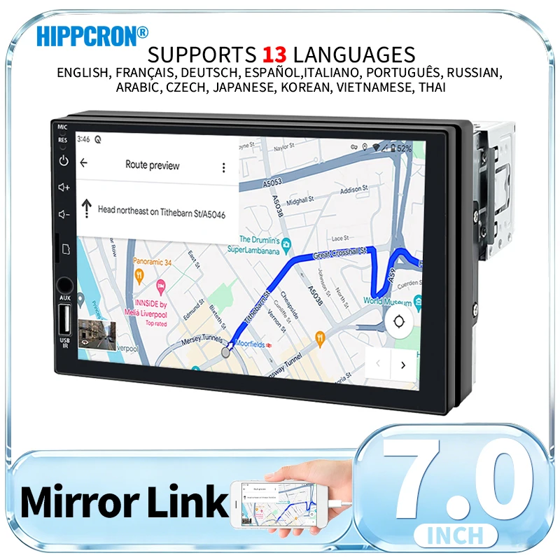 HIPPCRON Autoradio 1DIN Auto-Multimedia-MP5-Video-Player 7 Zoll HD-Touchscreen AUX USB BT5.1 ISO-Stromversorgung Kamera Mirror Link 12V
