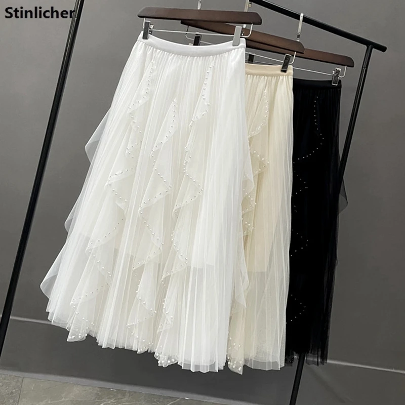 Pearl Beading Irregular Pleated Mesh Tulle Skirt Women Casual Korean Fashion Elastic High Waist Splicing Long Party Tutu Skirts