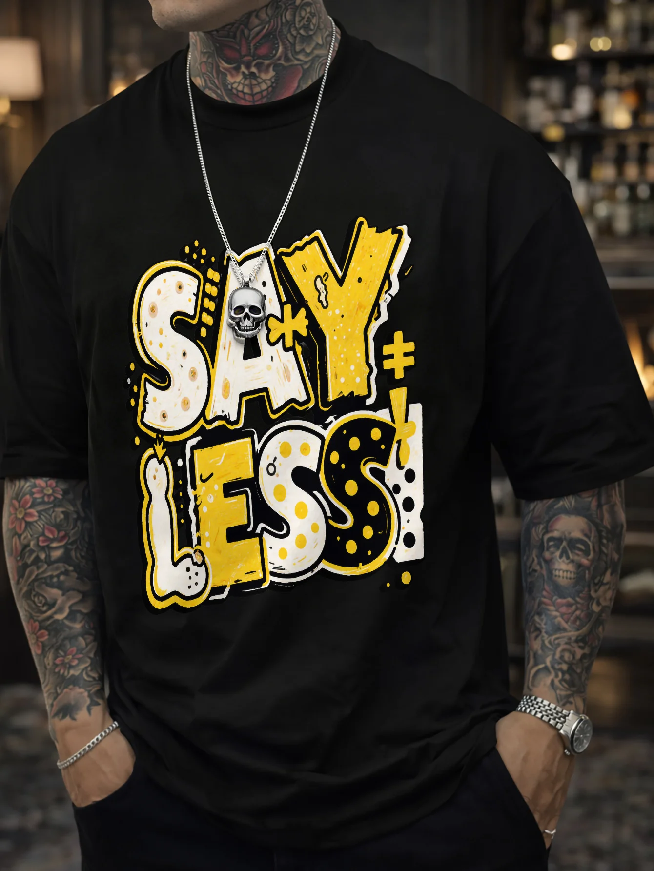 Men's 'SAY LESS' Graphic T-Shirt - Oversized Relaxed Fit Round Neck Casual Shirt with 'SAY LESS' Print, Machine Washable Suitable for Casual Attire, Year-Round Wardrobe Essential (No Transparency Design)