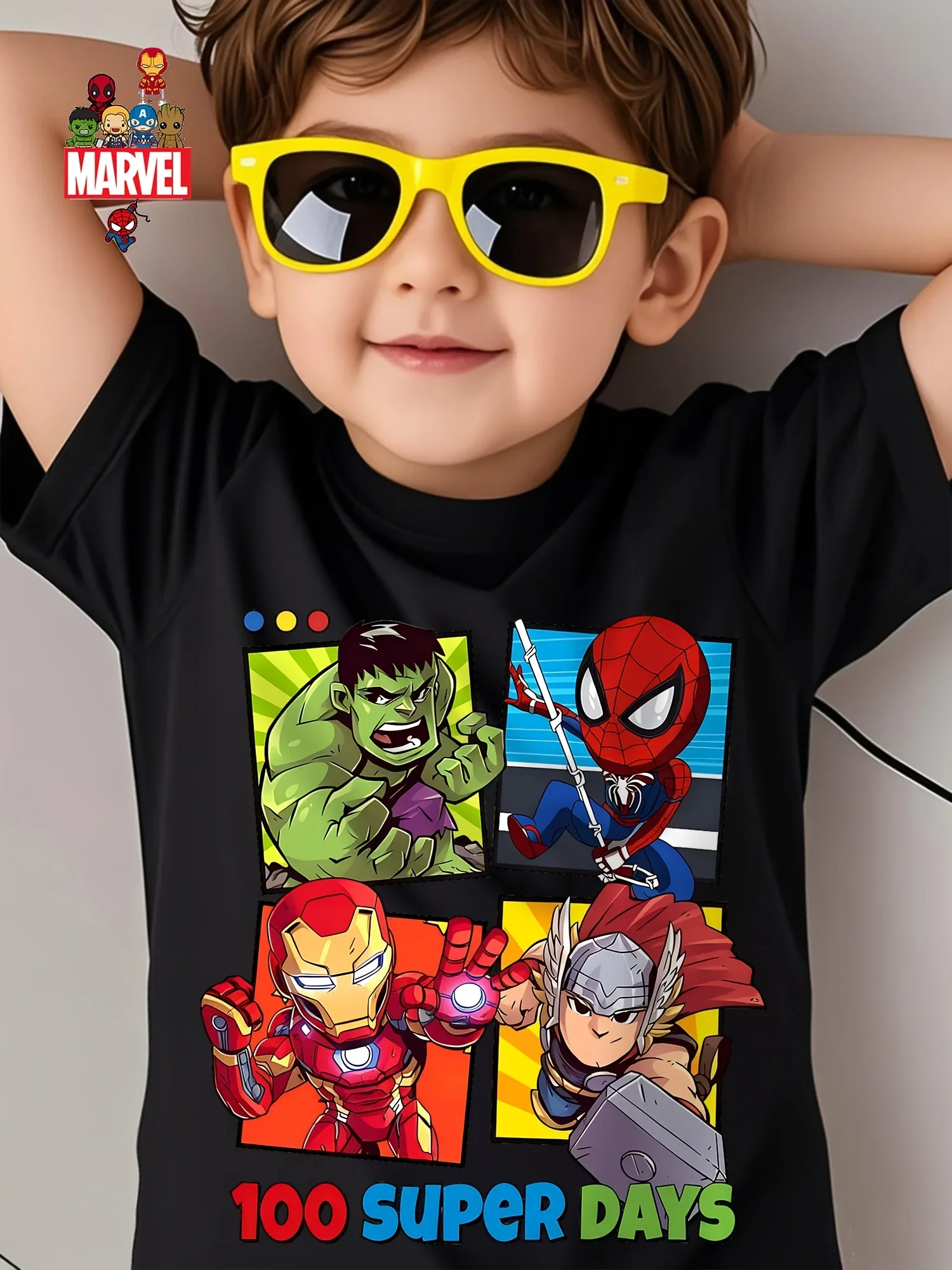 

Детская летняя футболка Marvel - из чистого хлопка, удобная и дышащая, серия Superman League - модная модель с коротким рукавом для девочек и мальчиков