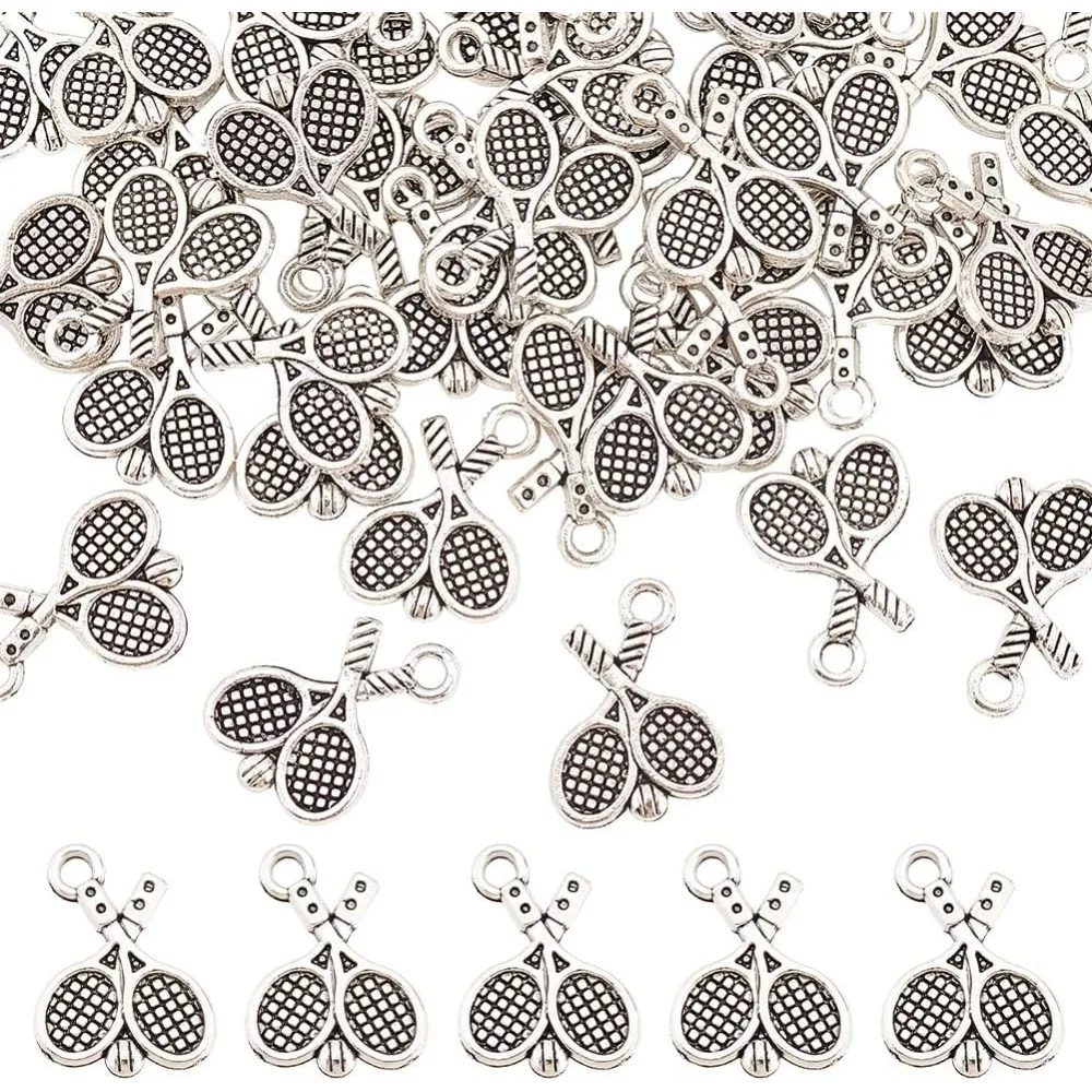 50Pcs Tennis Racket Charms Alloy Charms Antique Silver Tennis Racquet Charm Sports Theme Charm for Jewelry Craft Making