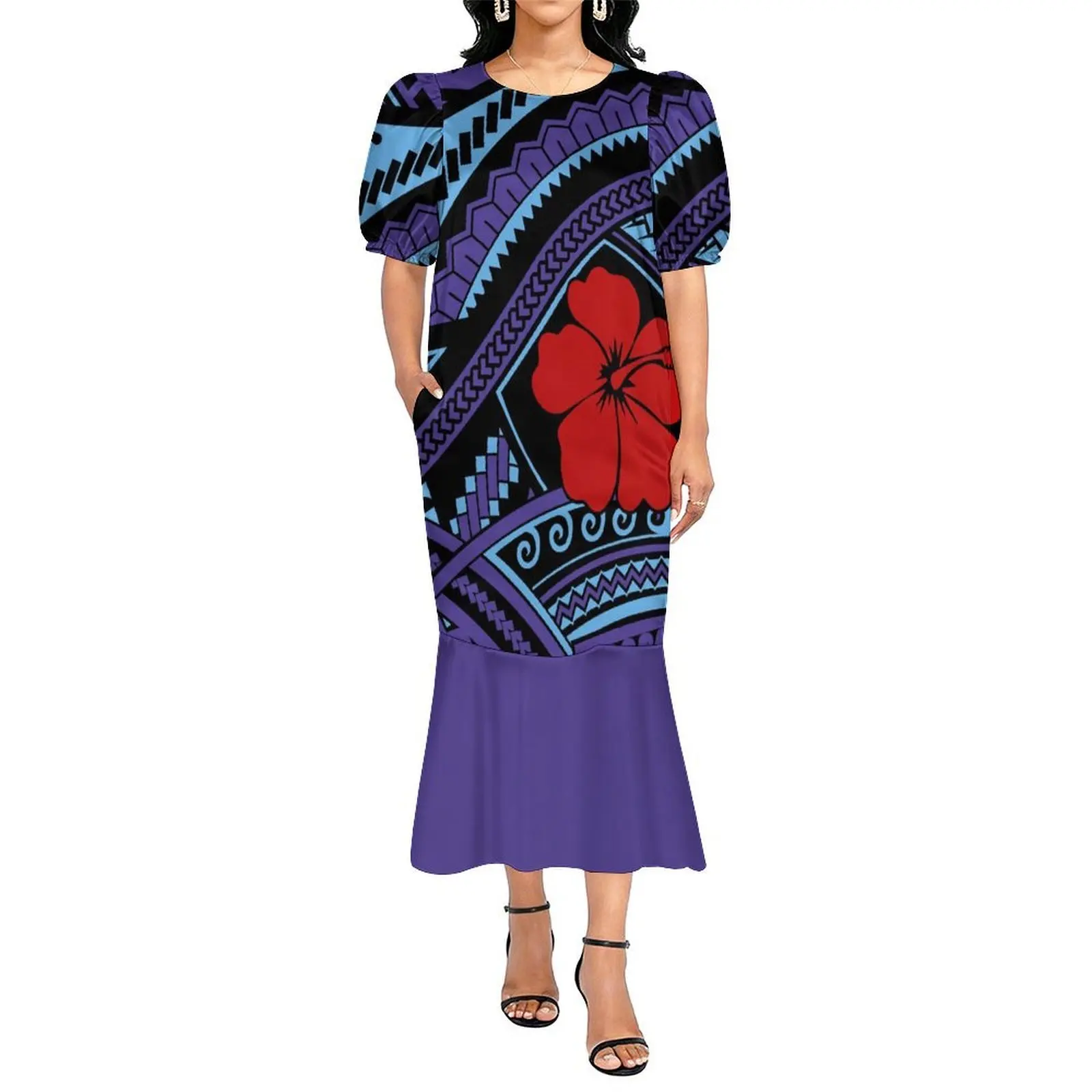 

Women'S Momu Bubble Sleeve Dress In Polynesian Island Style Of Samoa Fashionable High-Quality Short Sleeved Long Dress