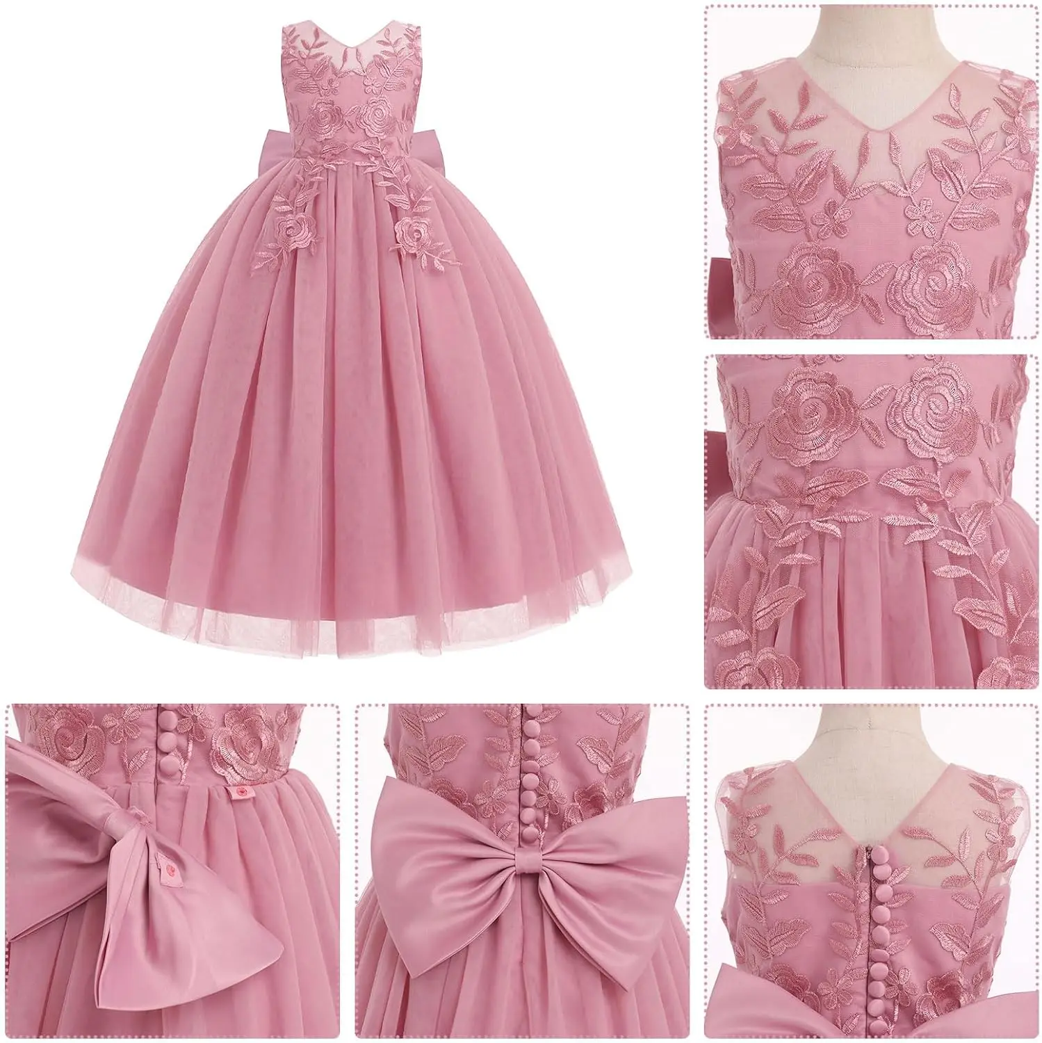 فستان فتاة الزهور للأطفال، فيونكة مزينة بالدانتيل، فستان رقص لحفلات أعياد الميلاد، فستان مناسبة رسمية، فستان شيفون للأميرة