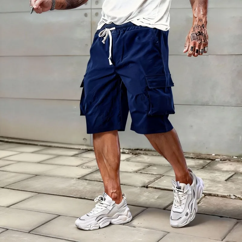 Men's Cargo Shorts Casual Drawstring Waist Multi-Pocket Knee-Length Breathable Lightweight Summer Outdoor Hiking Jogging Shorts