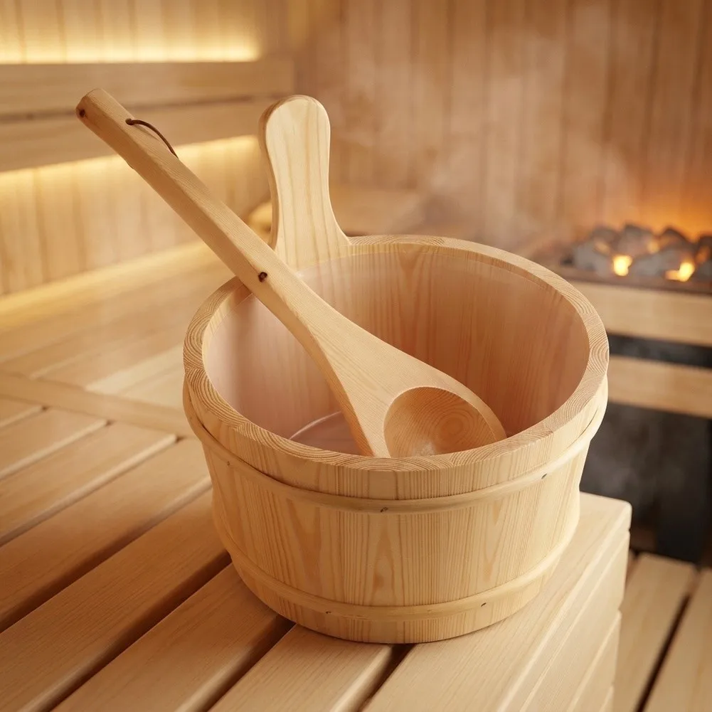 1 Gallon Pine Sauna Bucket with Long Handle Ladle Rope Wrapped Grip Removable Plastic for liner for Steam Room Use