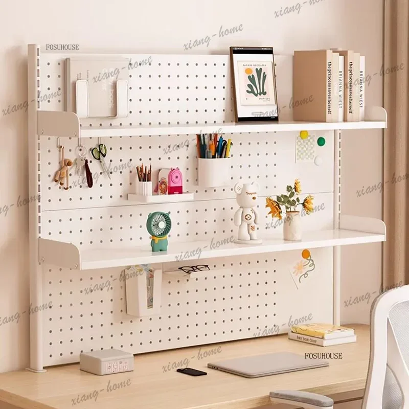 LSNo Drill Multi Layer Standing Bookcases Metal Bookshelf with Pegboard Modern Creative Storage Unit for Study Office Workspace