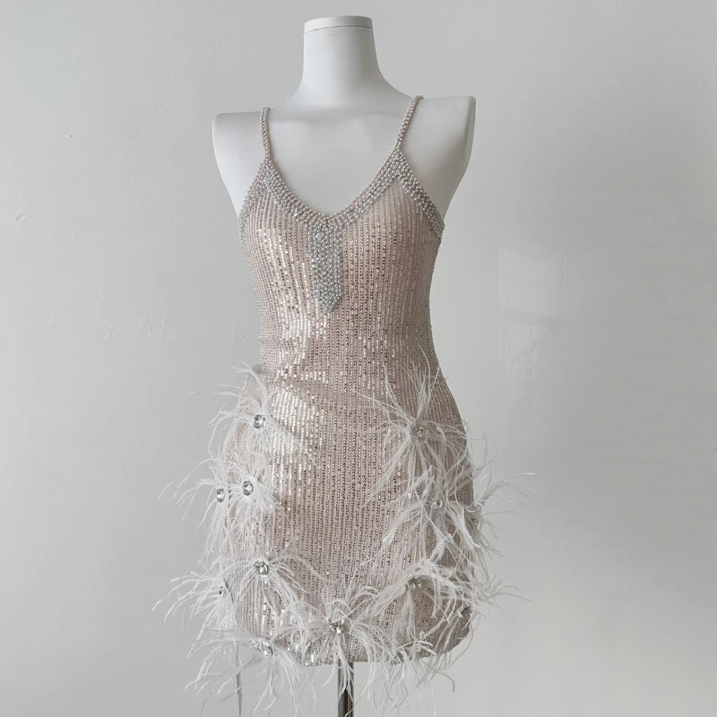 

Luxury Beaded Spaghetti Strap Dress Women Sequins Feather Dress Sexy V-neck Sleeveless Tank Sundress Evening Party Mini Dress