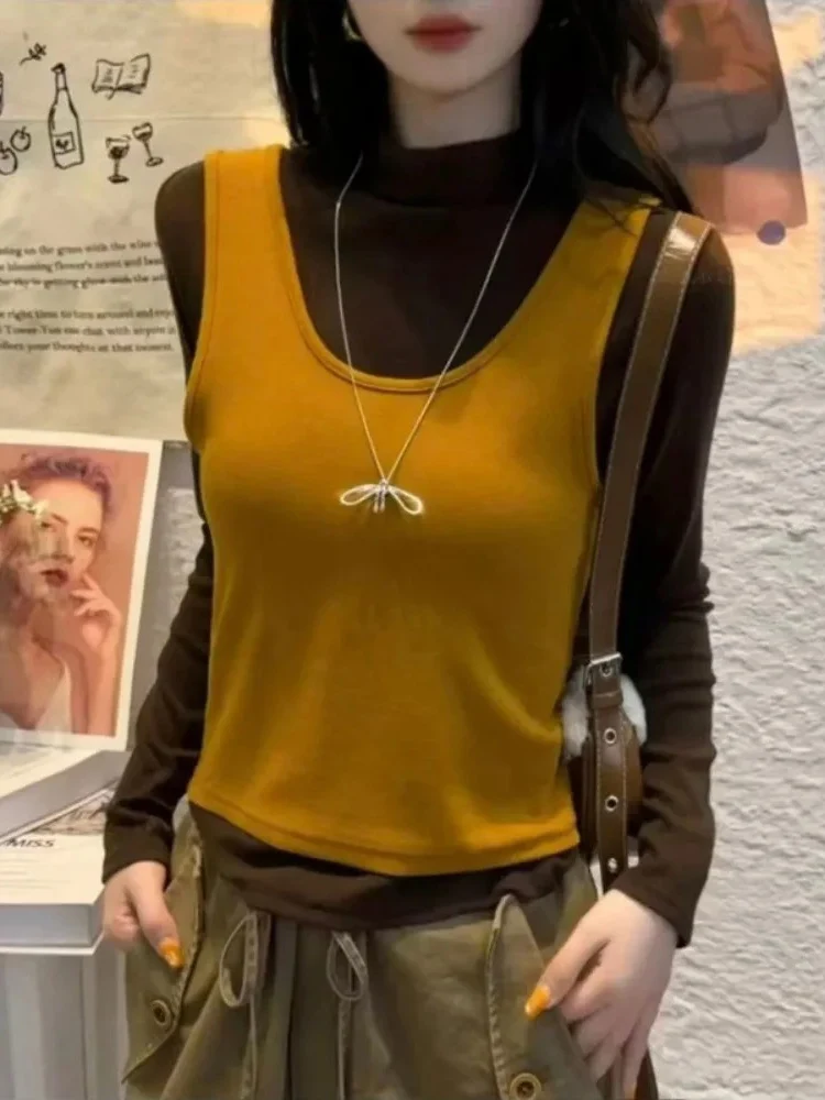 2025 جديد الخريف الشتاء قطعتين الياقة المدورة طويلة الأكمام الصلبة الحد من العمر قميص سليم كل مباراة مودا سترة قصيرة #1