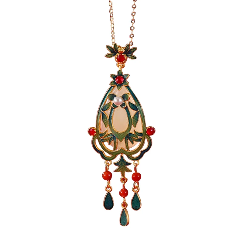 Original Design Natural Hetian Jade Enamel Porcelain Pearl Tassel Necklace Antique Charm Forbidden City Ladies Jewelry