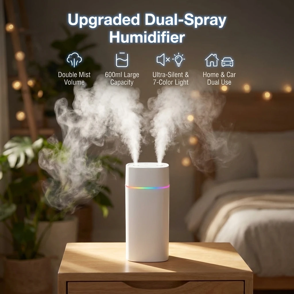 Dual Nozzle USB Humidifier With Timer, 600ml 2 Speeds 7-Color Night Light, Cool Mist Air Humidifier for Car Office Home Use