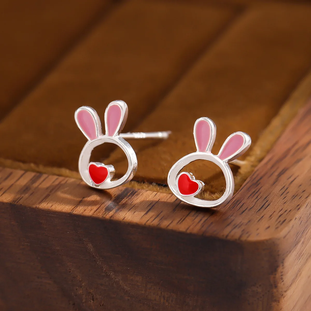 Fashion Personalized Cute Little Rabbit Ears 925 Sterling Silver Jewelry Pink Love Sweet Animal Stud Earrings  E311