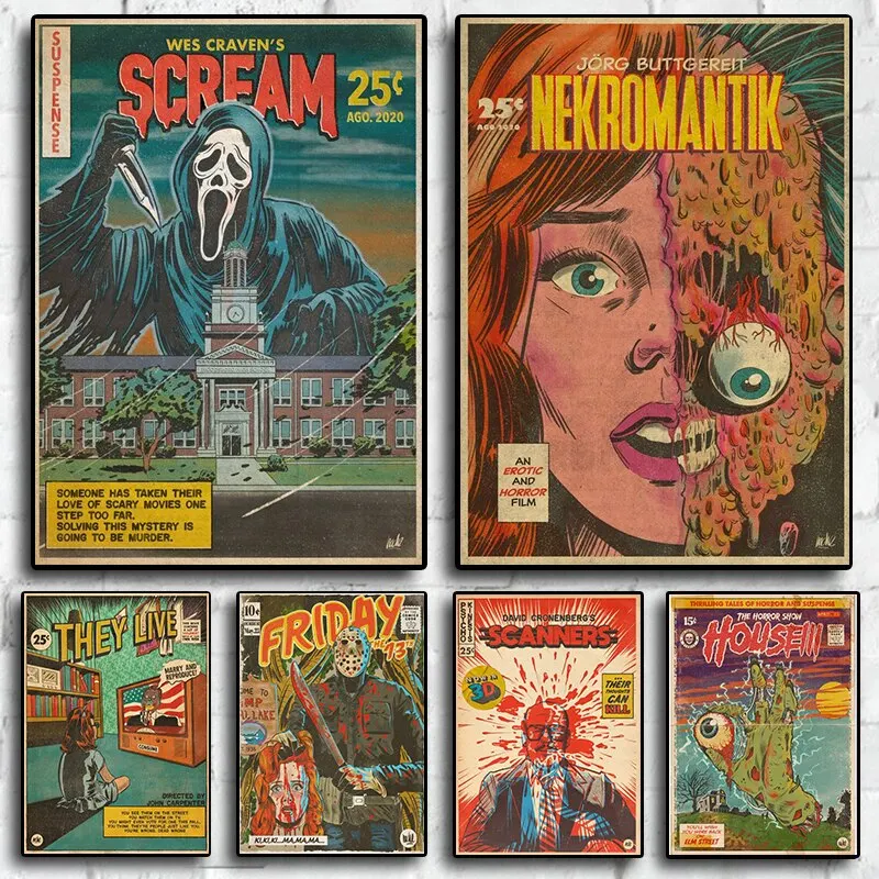 Póster de cómics de película de terror clásica, película de suspense Retro, lienzo impreso, arte de pared para decoración del hogar, casa de juegos estética para niños