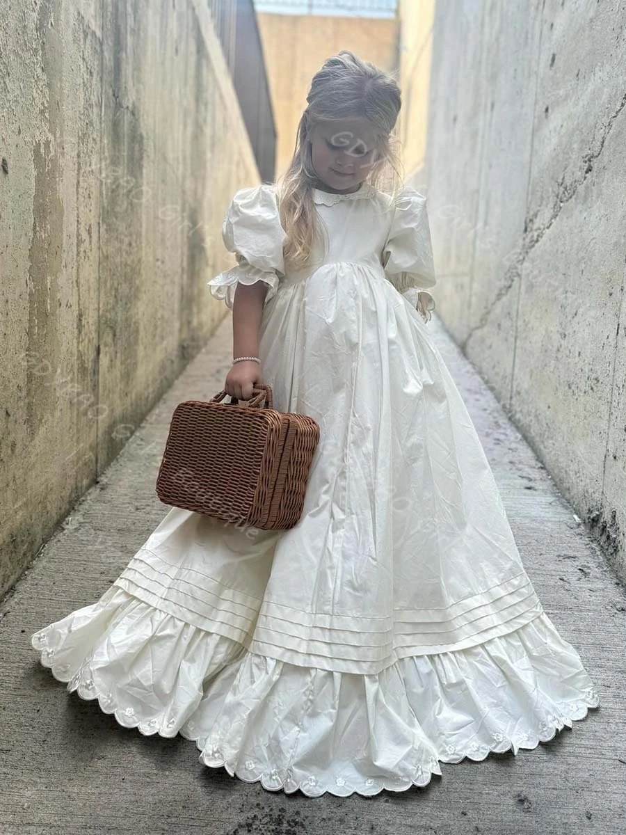 Gaun Komuni Pertama Vintage Lengan Setengah dengan Ruffle Taffeta Gaun Putri Pengiring Pengantin untuk Pernikahan 2-14 Anak Gaun Pesta yang Dapat Disesuaikan