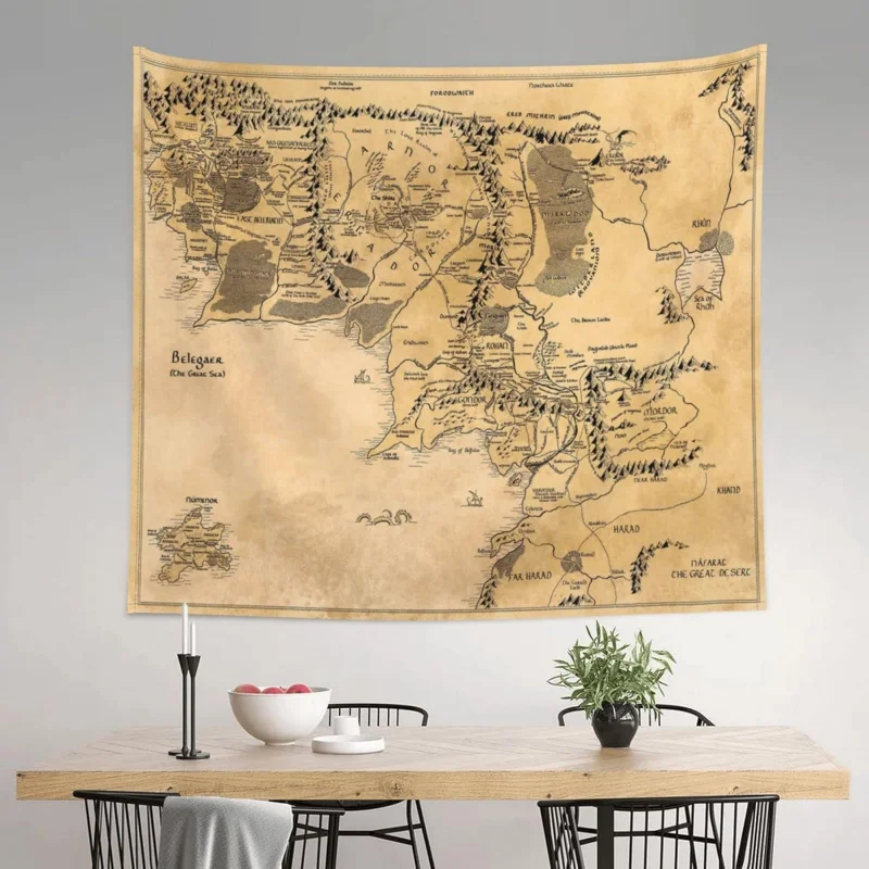 VIKAMA Vintage Fantasy Middle-earth Map Tapestry The Lord of the Rings World Motif Living Room Fan Decor Tapestry
