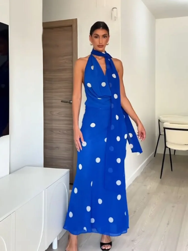 HH dames zomermode sexy jurken blauwe stippen swingende kraag mouwloze rugloze rits vrouwelijke strandstijl lange jurk