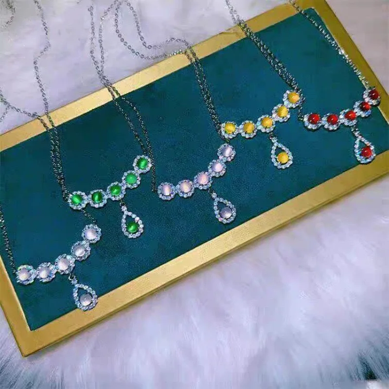 Silver Plated Inlaid High White Chalcedony Clavicle Chain Pendant Green Agate Women's Jade Necklace
