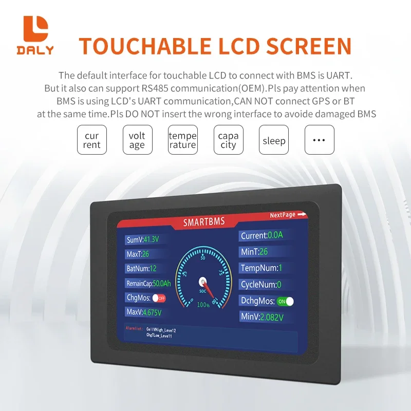 Daly Smart BMS Lifepo4 Li-ion Accessories 3s-24s 30A-500A 4s 8s 16s Touch Control Screen LCD Display And BT CAN BUS Light Board