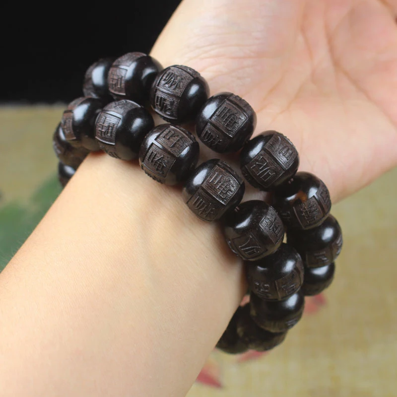 

Ebony wood bracelet with engraved Buddhist beads Om Mani Padme Hum, unisex jewelry, supply