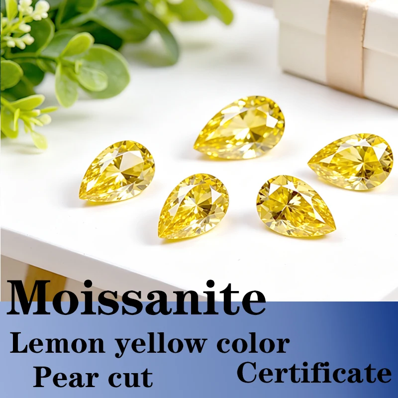 

Pear Cut Lemon Yellow Color Moissanite Synthetic Gemstone with Certificate DIY Jewelry Making