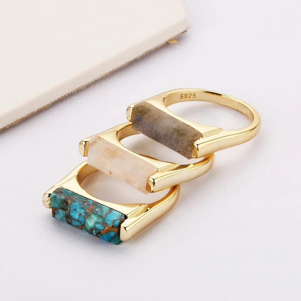 

5/10Pcs Elegant Natural Stone Moonstone Faceted Rings Gold Plated Geometry Turquoise Tail Ring for Women Healing Jasper Jewelry