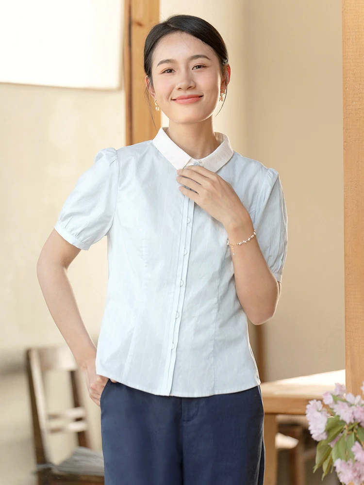

Blue Cotton Linen Slim Fit irt Women's Square Collar ort Sve Artistic Sle Summer New Faion Versatile Top