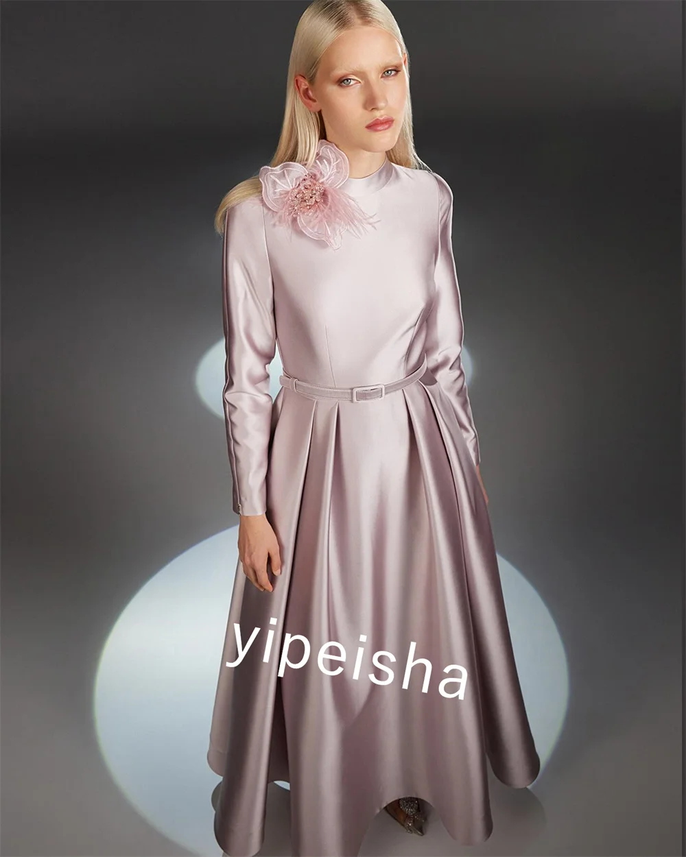 Satin Pleat Flower Cocktail Party A-line High Collar Bespoke Occasion Gown  Midi Dresses