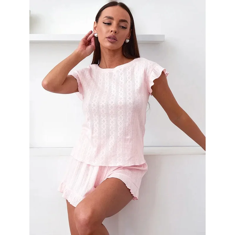 

Pink Home Shorts Suits Pajamas Woman Summer Casual Short Sleeve Tops And Elastic Waist Shorts 2 Piece Set O Neck Nightwear