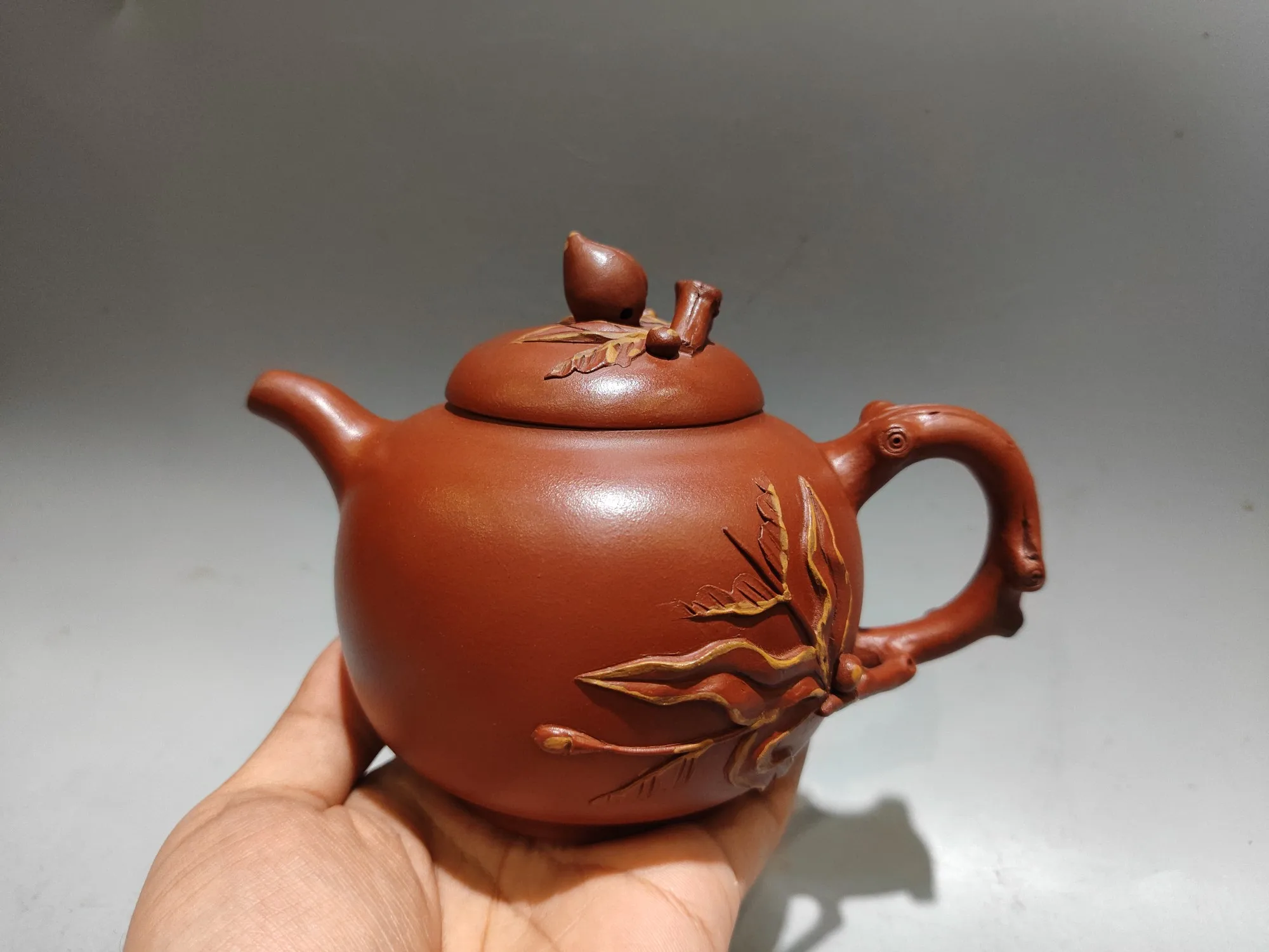 

6"Yixing Purple Clay Pot Peach leaf pattern Peach Tree Root Pot Kettle Teapot Pot Tea Amass wealth Ornaments