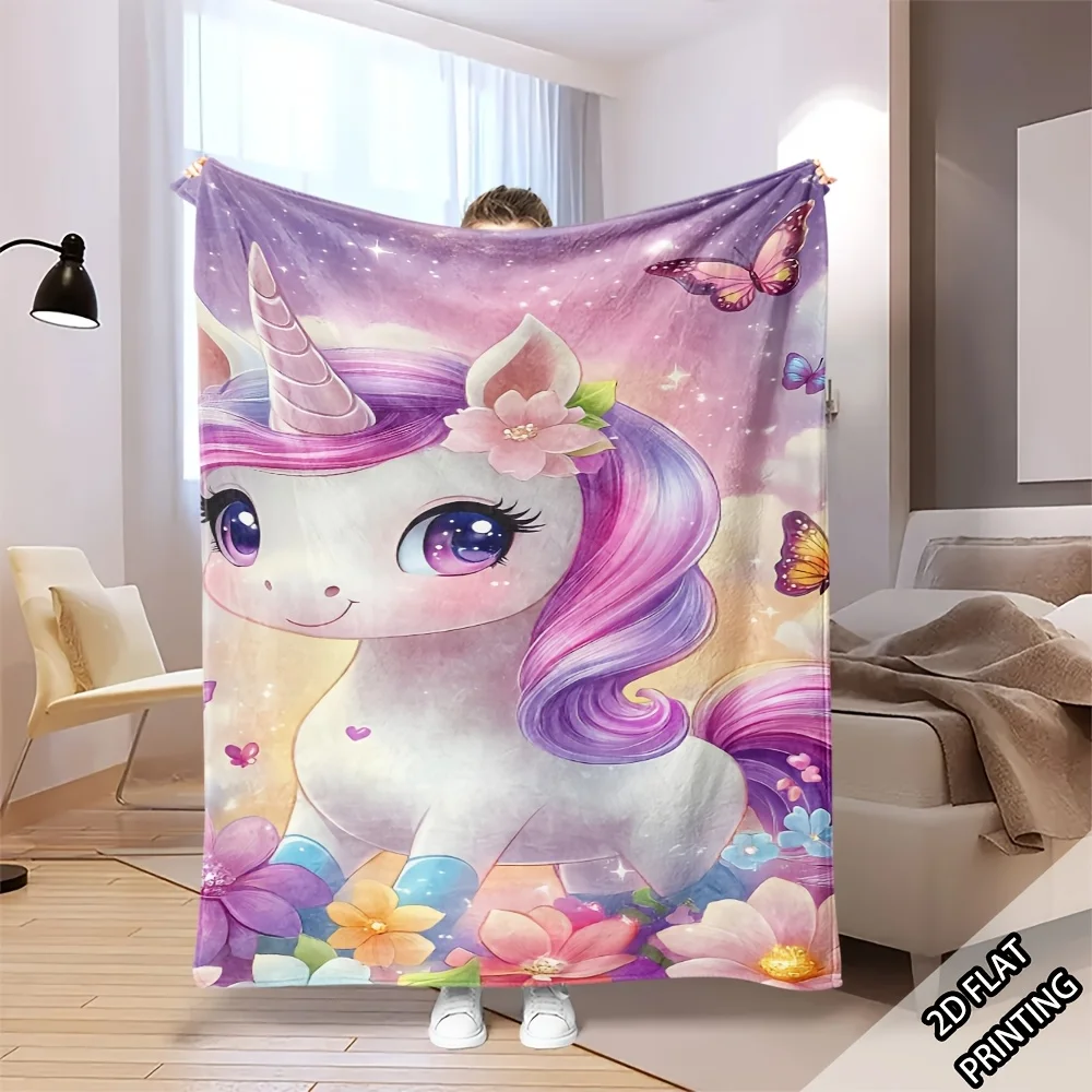 [2D Digital Print] 1pc Dreamy Unicorn And Butterfly Floral Sea Aesthetic Pink Purple Romantic Blanket, Air Conditioner Cover, So