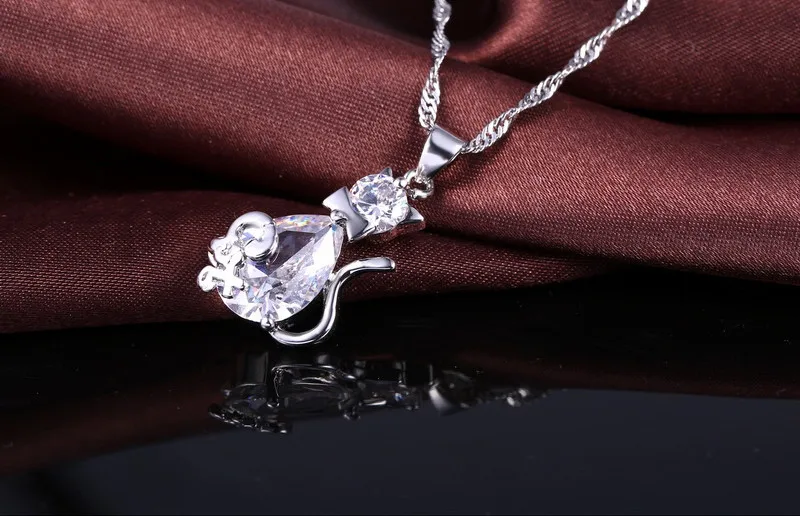 Hot Sale Christmas Birthday Gift for Girls 925 Silver Color Cubic Zircon Cute Cat Pendant Necklace Earrings Jewelry Set