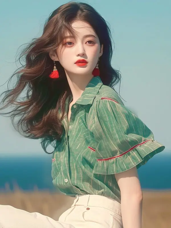 Zomer Frans chic overhemd Uniek temperament Veelzijdig groen gestreept overhemd met pofmouwen