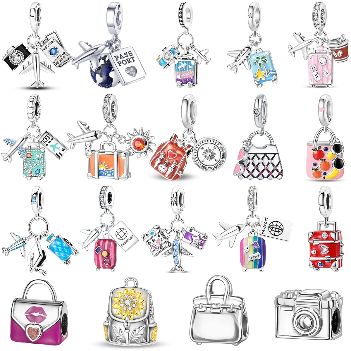 925 Sterling Silver Travel Dangle Charms Airplane Passport Suitcase Backpack Camera Handbag Enamel Bead Fit Bracelet DIY Jewelry
